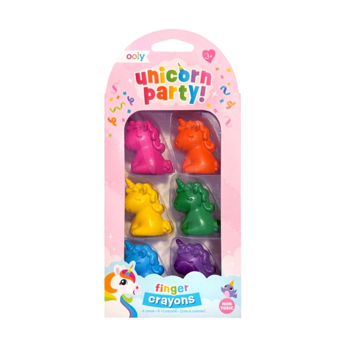 Pack of unicorn-themed finger crayons with colorful packaging on a white background