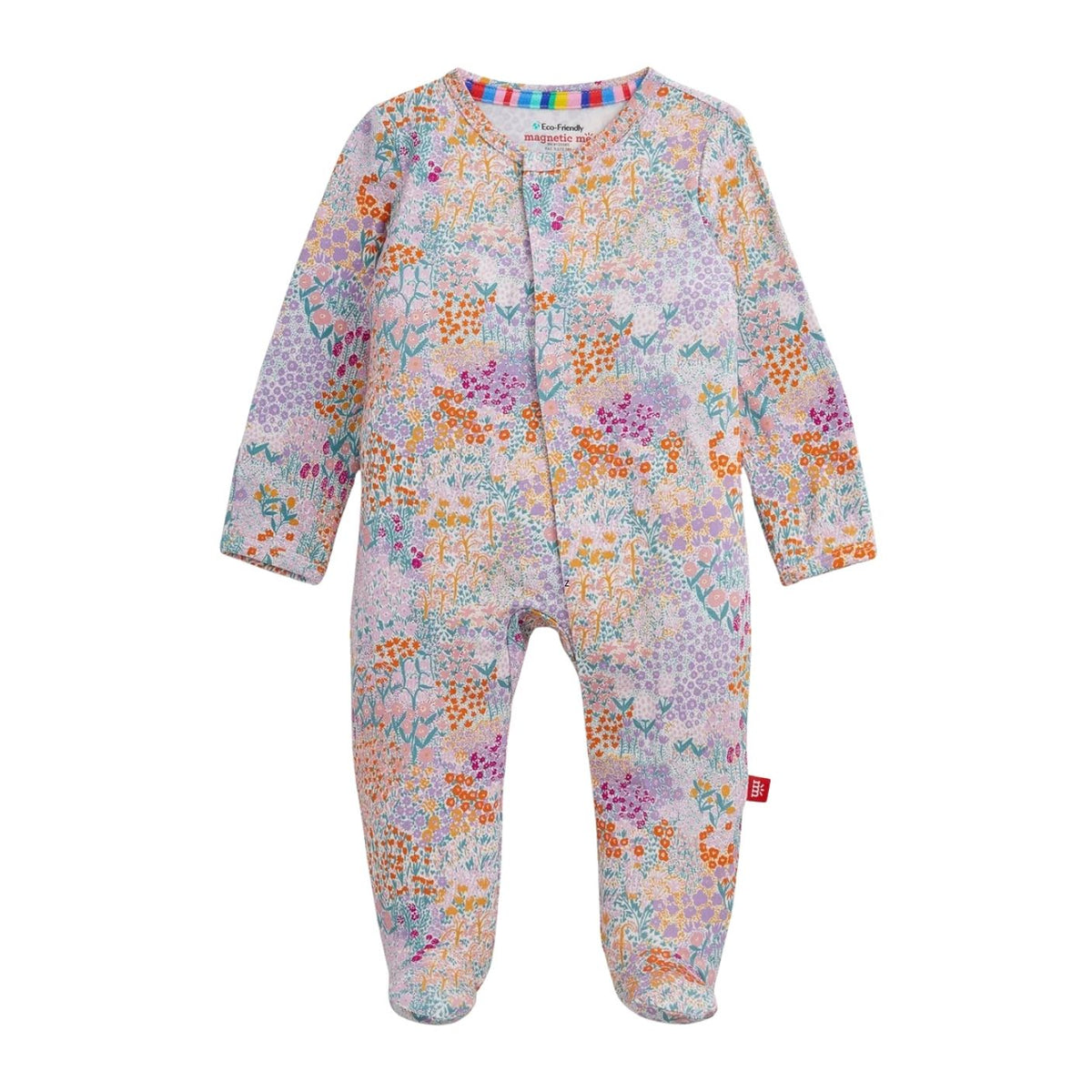 A baby footed sleeper in a pastel multicolor floral and abstract pattern, featuring a snap-button front and long sleeves, shown against a plain white background.