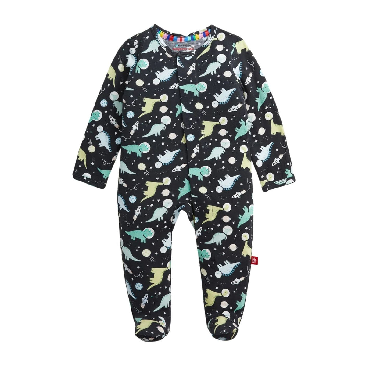 A baby footed sleeper in black with a colorful dinosaur and space pattern, shown against a plain white background.