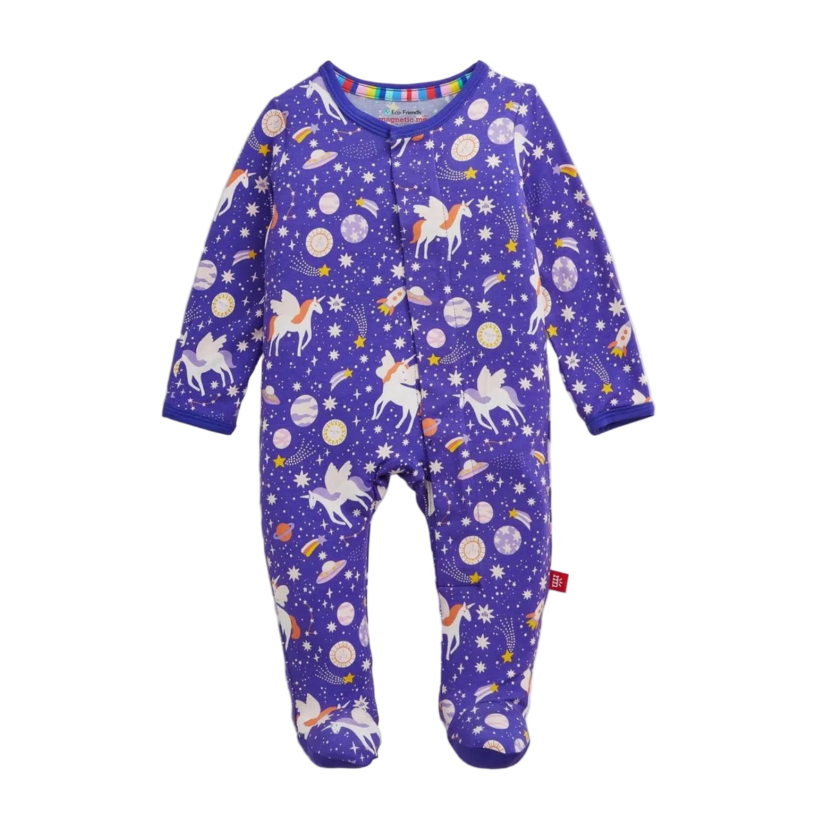 A baby footed sleeper in purple with a whimsical unicorn and space print, featuring white long sleeves and legs, a snap closure at the neck, and a small red tag on the side.