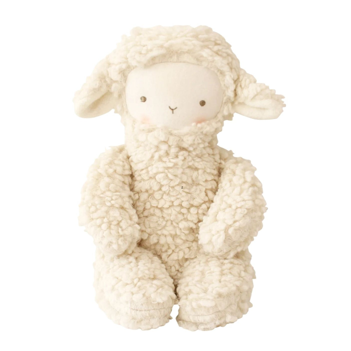A plush sheep toy with curly cream-colored fleece and a smooth cream face, sitting against a plain white background.