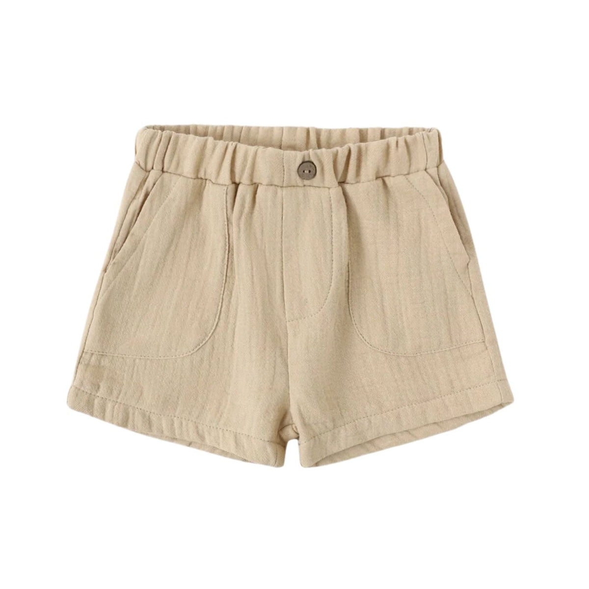 A pair of beige high-waisted shorts with an elastic waistband, button closure, and front patch pockets, shown on a plain white background.
