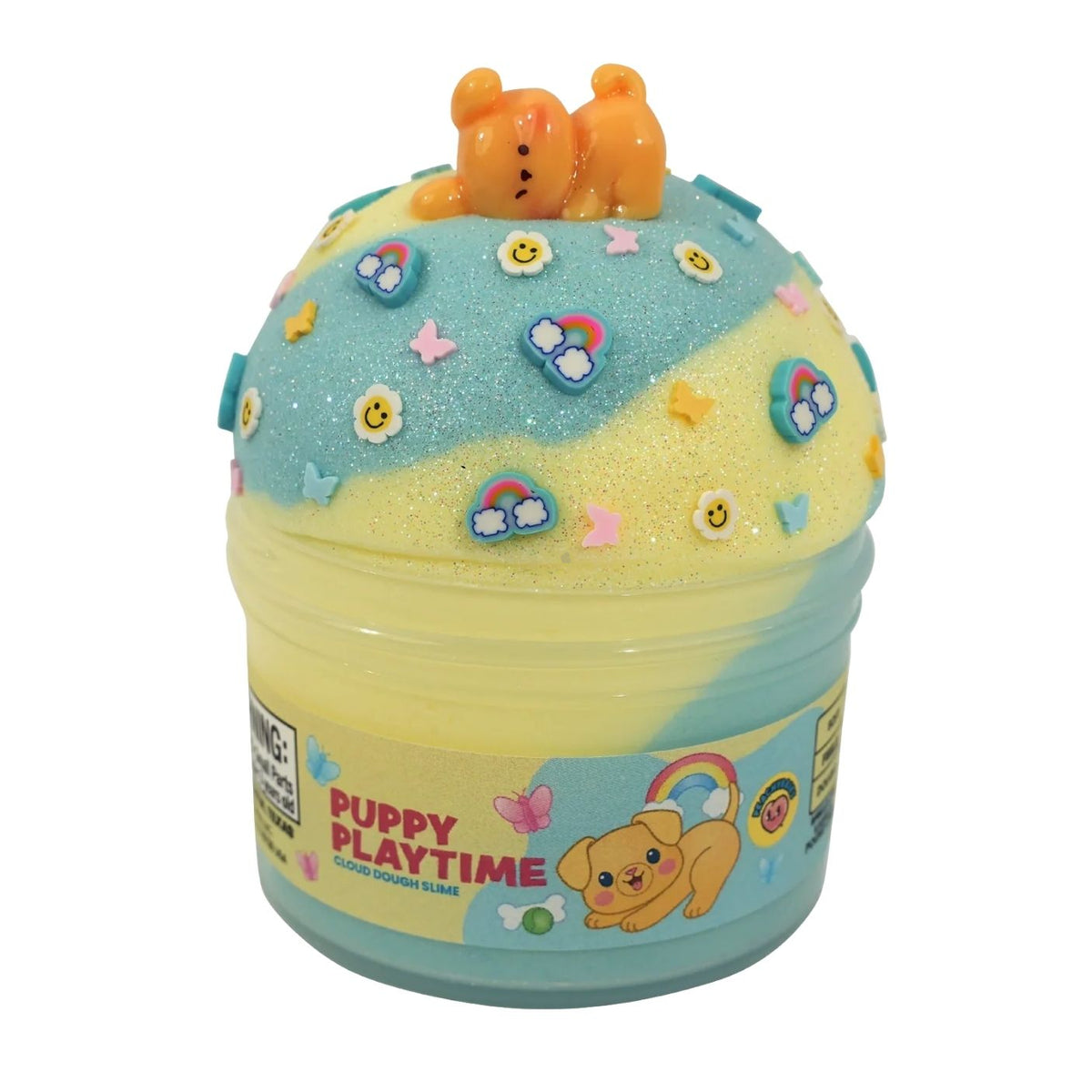 A novelty squishy toy shaped like a puppy playtime in a clear plastic tub, featuring blue glittery slime, a small dog, and a dog face on top, with a label reading 'PUPPY PLAYTIME'.