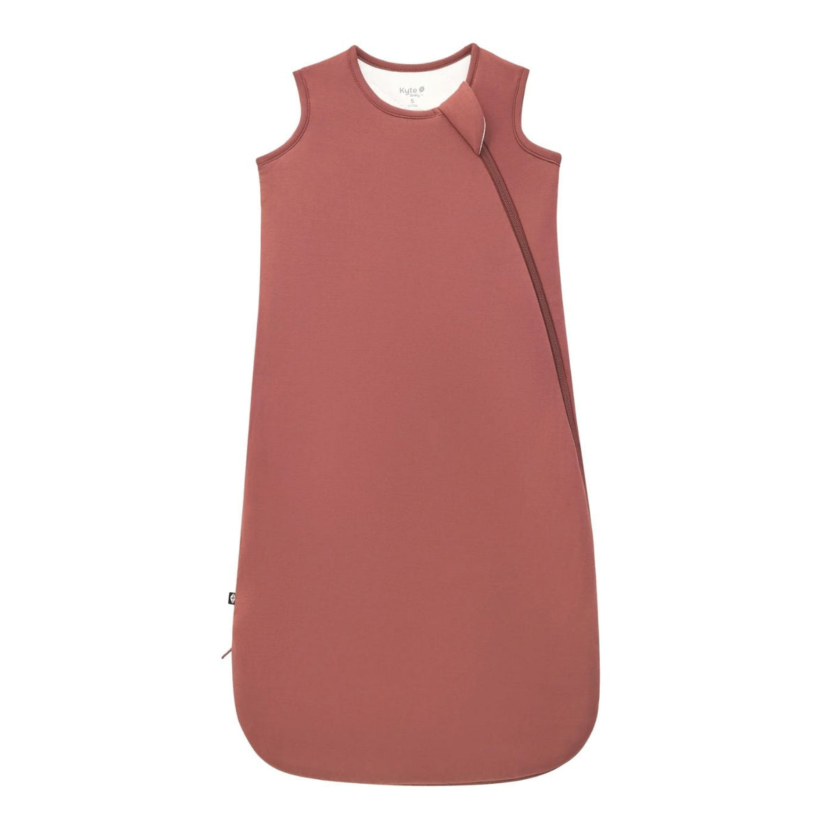 A sleeveless baby sleep sack in a dusty rose color , featuring a diagonal zipper and a small black tag near the bottom left hem, shown against a plain white background.