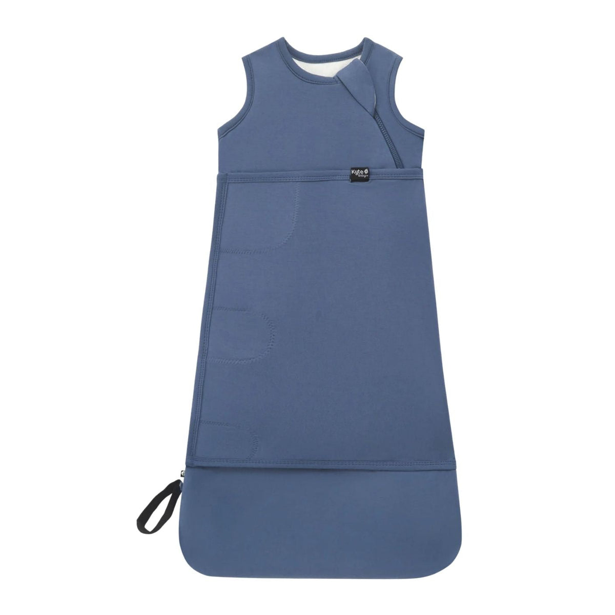 A sleeveless baby sleep sack in a muted slate blue color, featuring a diagonal zipper, a front pocket, and a black carrying loop, shown against a plain white background.