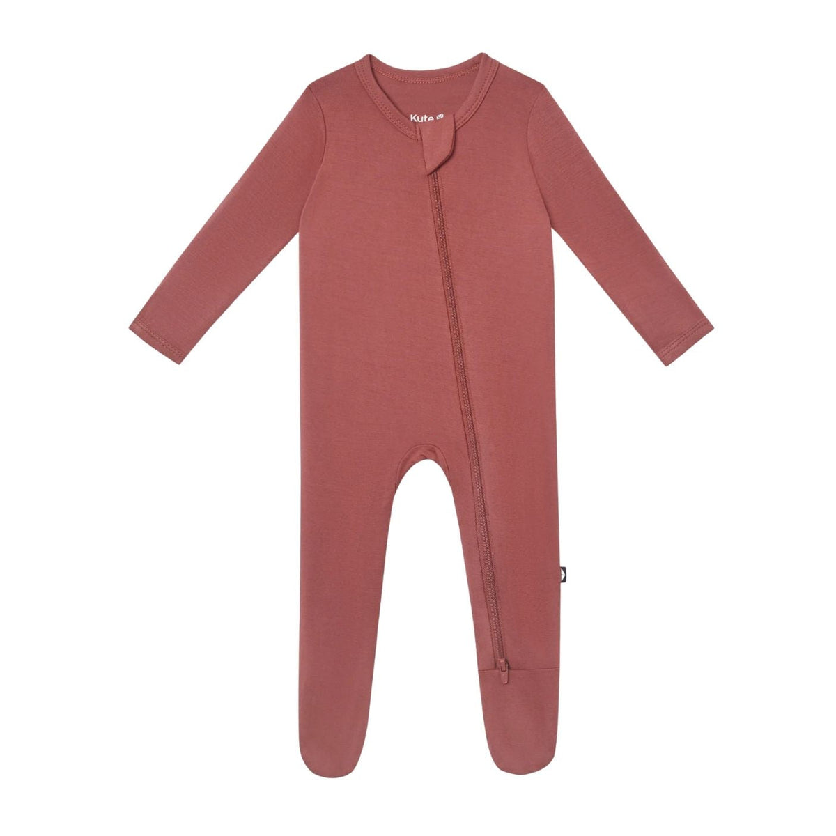 A long-sleeve baby footed sleeper in a dusty rose color, featuring a front zipper and snap closure, displayed on a clean white background.