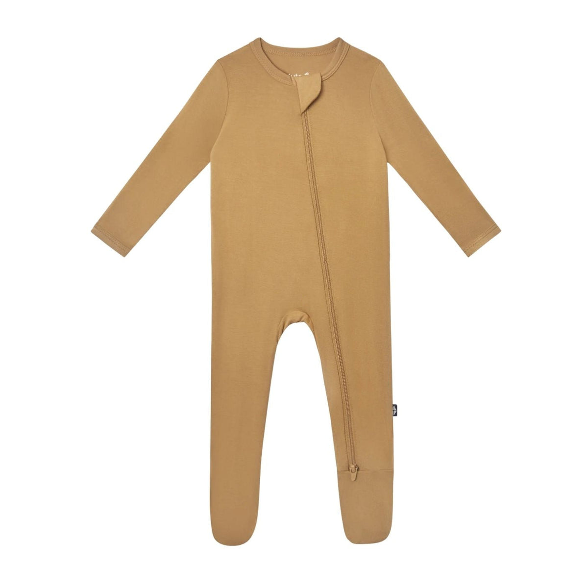 A long-sleeve baby footed sleeper in a warm tan color, featuring a front zipper and a small side tag, displayed on a solid white background.
