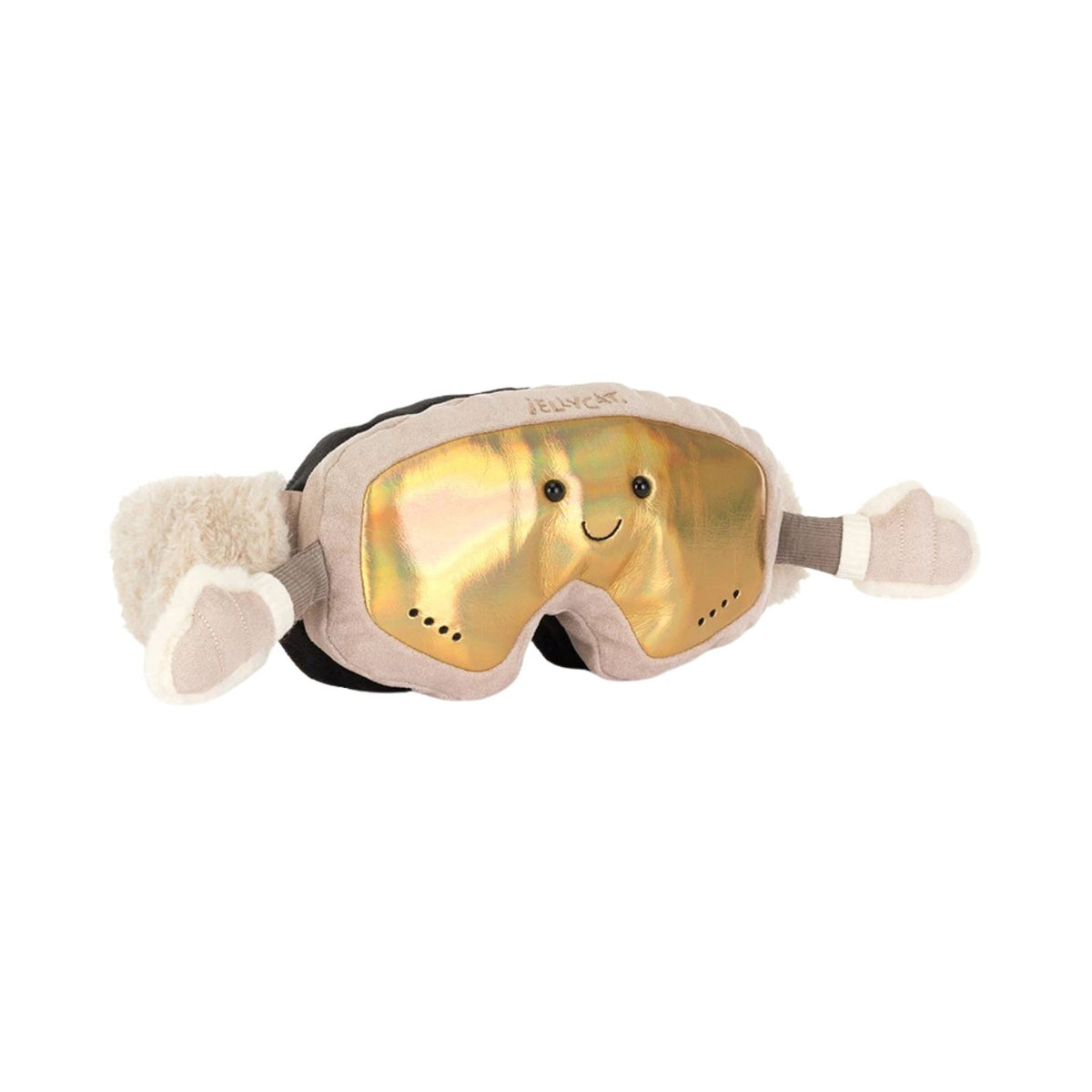 A plush novelty sleep mask designed to look like ski goggles, featuring a shiny gold reflective lens, a beige plush frame with cute animal ears on the sides, and a smiling embroidered face on the lens.