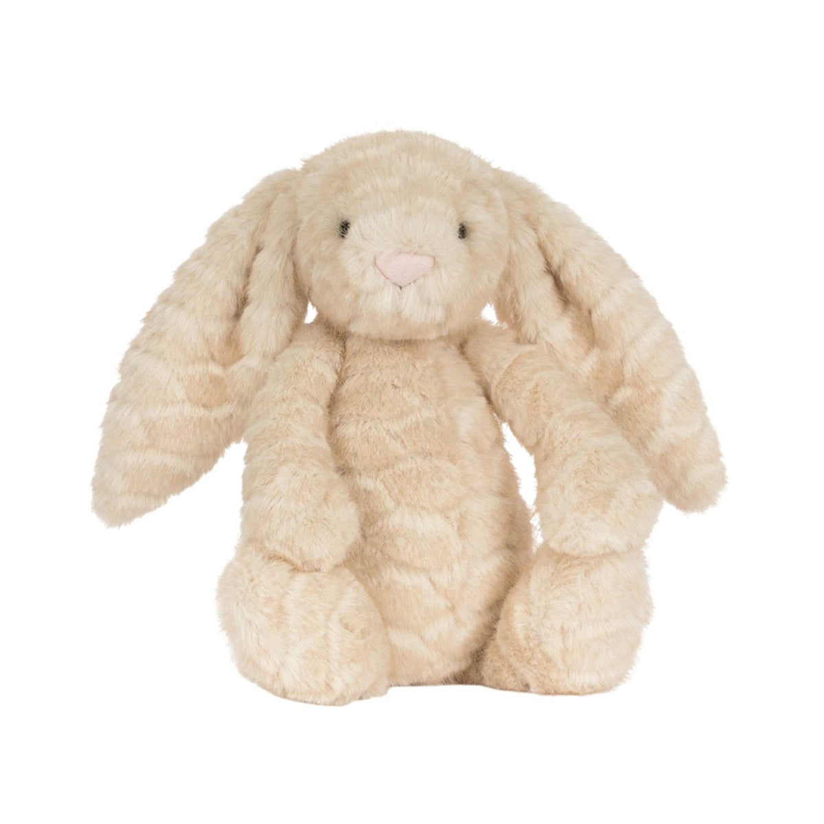 A plush bunny toy in a warm cream-beige color, featuring long floppy ears, a soft textured body, and a small pink stitched nose, shown against a plain white background.