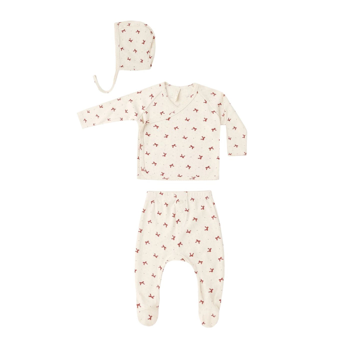 Quincy Mae take-home set for newborns in a red bows print, consisting of a matching bonnet, wrap snap top, and footed drawstring pants against a white background.