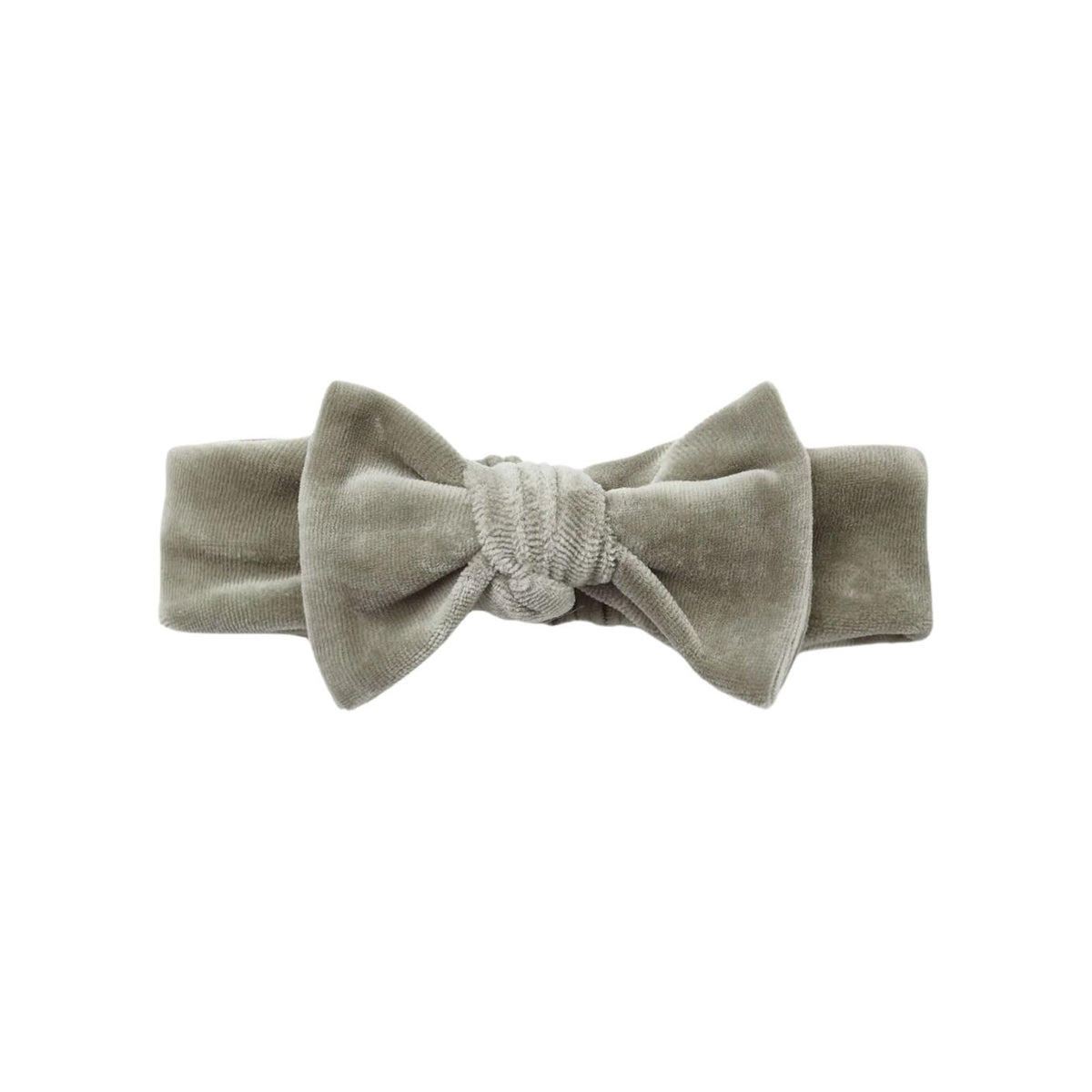 A soft, sage green velour bow headband by Quincy Mae featuring a plush, textured knot detail centered on a matching headband band against a clean white background.