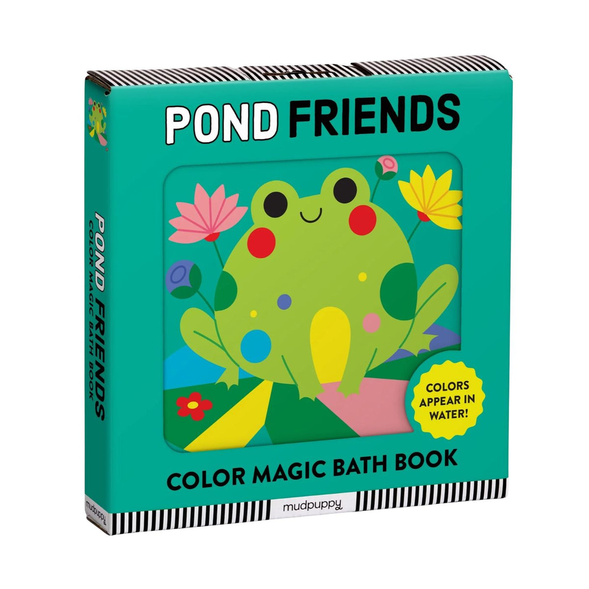 Color Magic Bath Book - Pond Friends product packaging featuring a teal cover with a smiling green frog illustration, pink cheeks, and yellow flowers, with text that reads "POND FRIENDS" and "COLORS APPEAR IN WATER!".