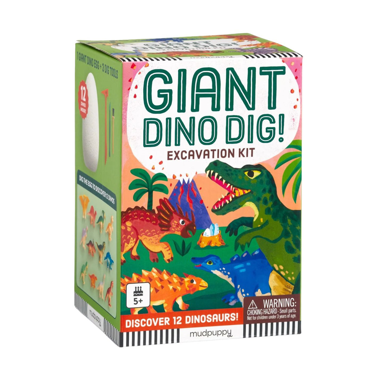 Packaging for the Giant Dino Dig! Excavation Kit by Mudpuppy, showing a colorful box illustrated with cartoon dinosaurs, foliage, and text indicating it includes 12 dinosaurs to discover for ages 5 and up.