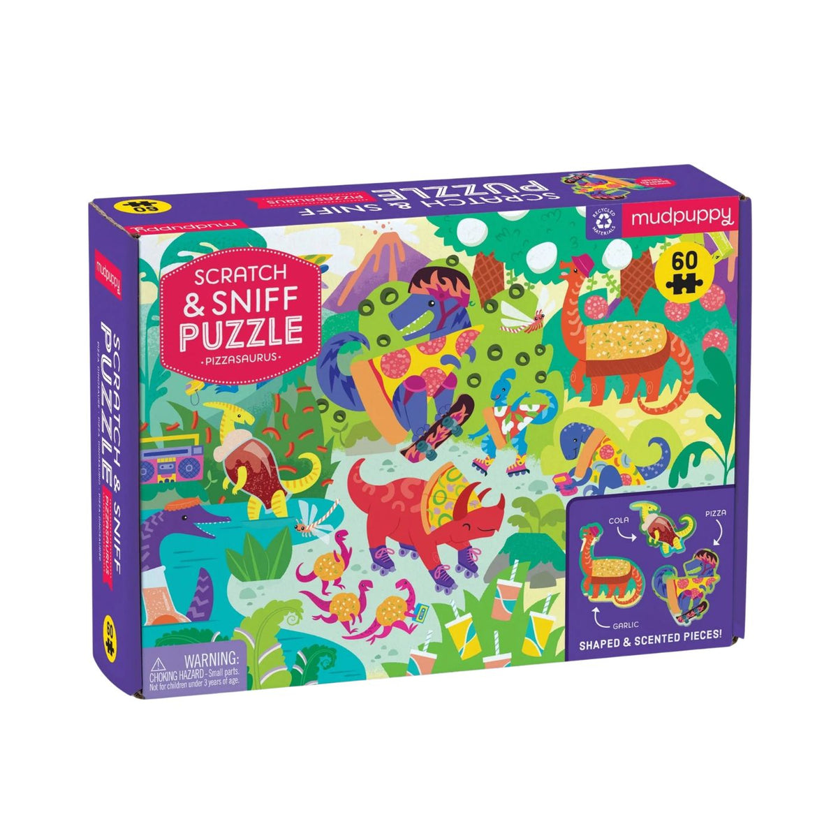 The product box for the Pizzasaurus 60 Piece Scratch & Sniff Puzzle by Mudpuppy, featuring a colorful, cartoon illustration of dinosaurs enjoying pizza with fun scents, displayed against a white background.
