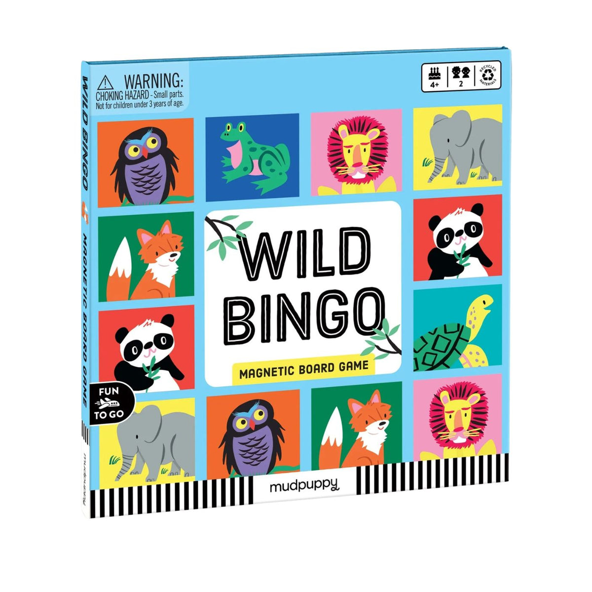 Wild Bingo Magnetic Board Game by Mudpuppy, showing the colorful box cover featuring an illustrated grid of wild animals including a tiger, elephant, owl, panda, and fox.