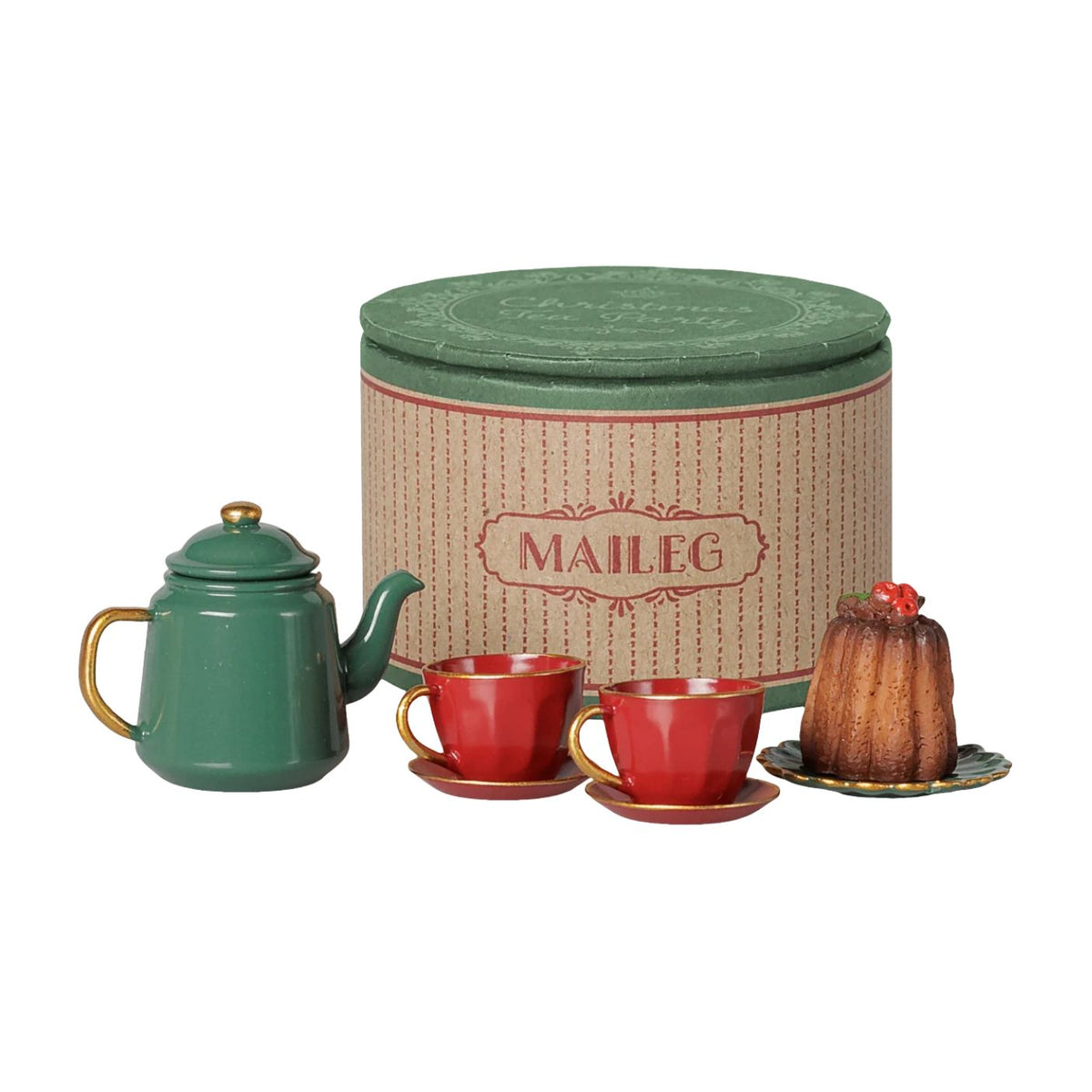 A Maileg Christmas tea party set displayed on a white background, featuring a round decorative gift tin, a green metal teapot, two red teacups and saucers, and a miniature cake on a scalloped plate.