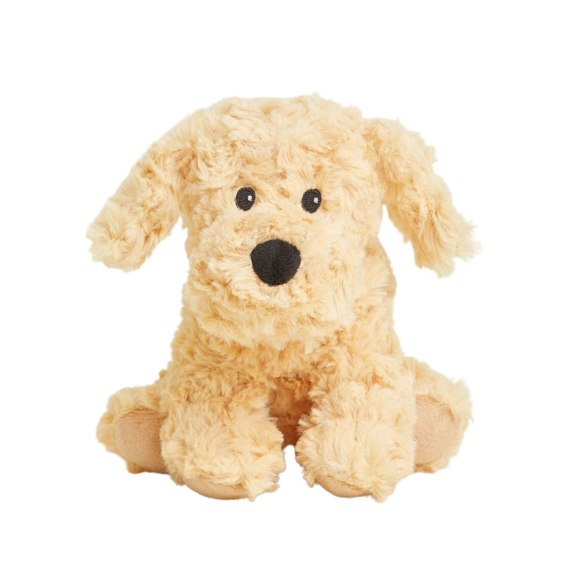 A soft, cream-colored Golden Dog Junior plush toy by Warmies in a sitting position with friendly dark button eyes and a black nose.