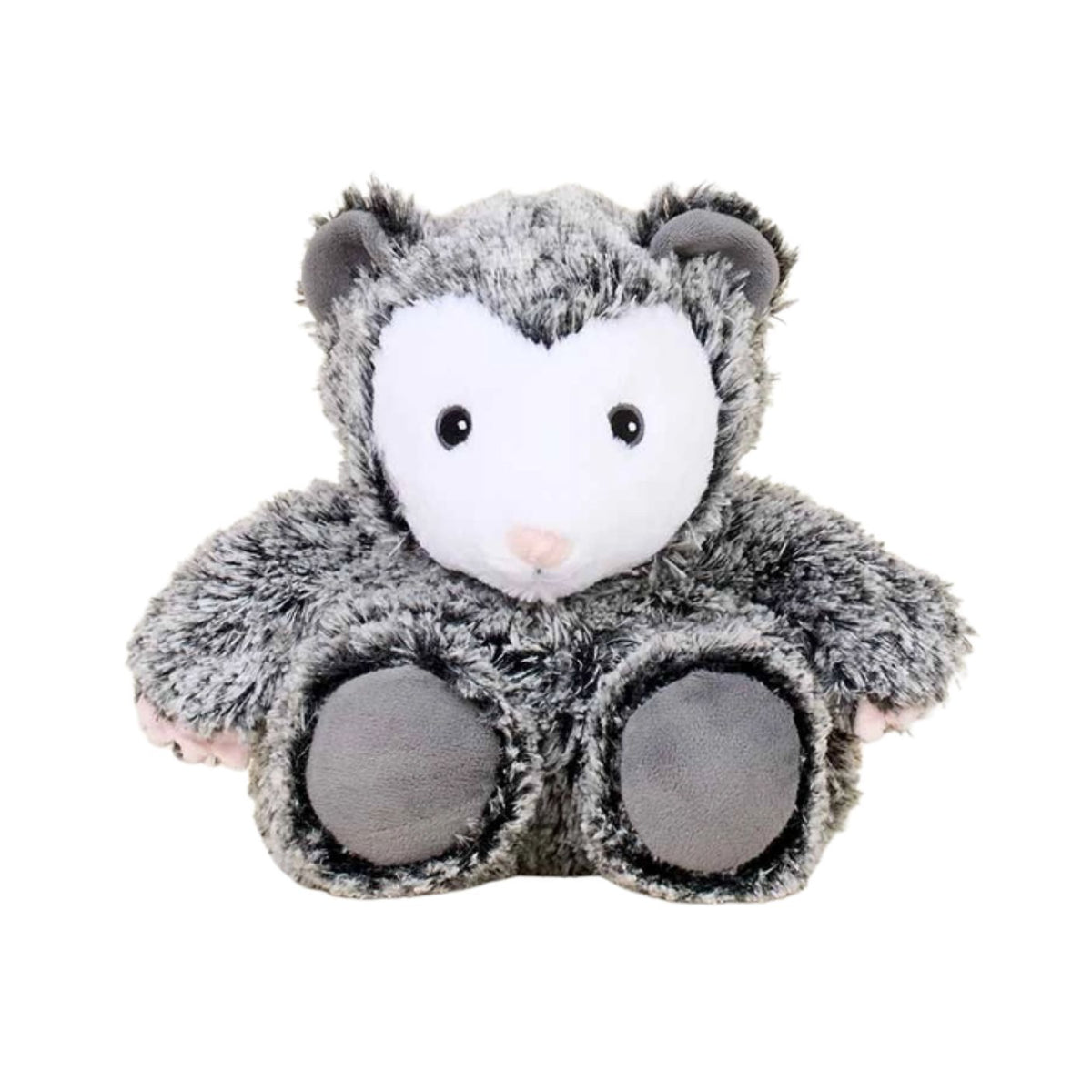 A gray and white fluffy Opossum by Warmies stuffed animal with round black eyes, a pink nose, and dark gray paws, sitting upright against a white background.