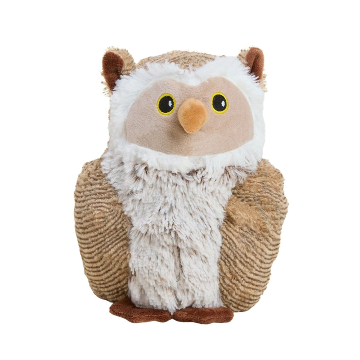 Woodland Owl by Warmies plush toy featuring brown and white textured fur, round yellow eyes, and an orange beak against a plain white background.
