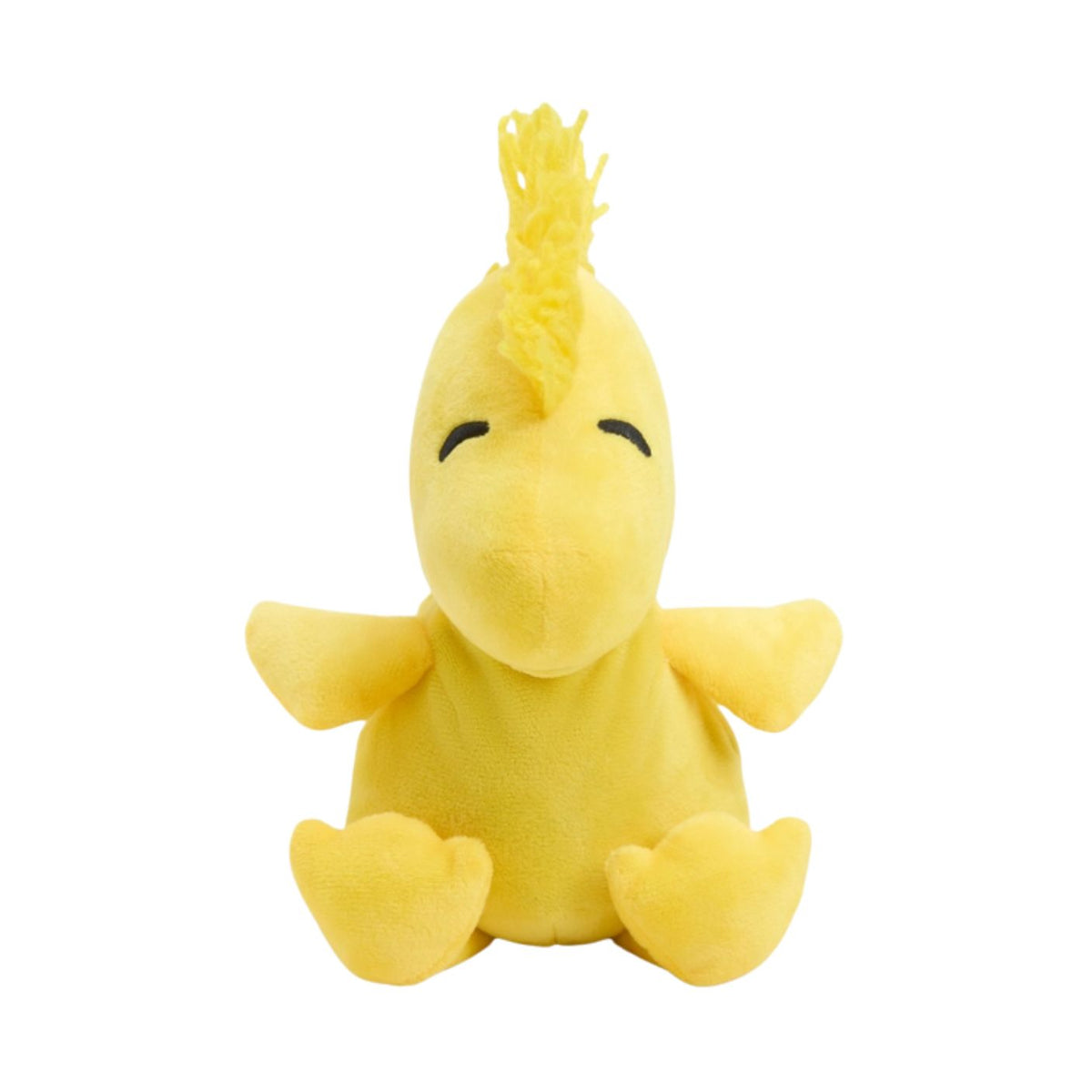 A bright yellow Woodstock Junior by Warmies plush toy sitting upright against a plain white background, featuring stitched closed eyes, soft outstretched wings, and a tuft of feathers on top of its head.