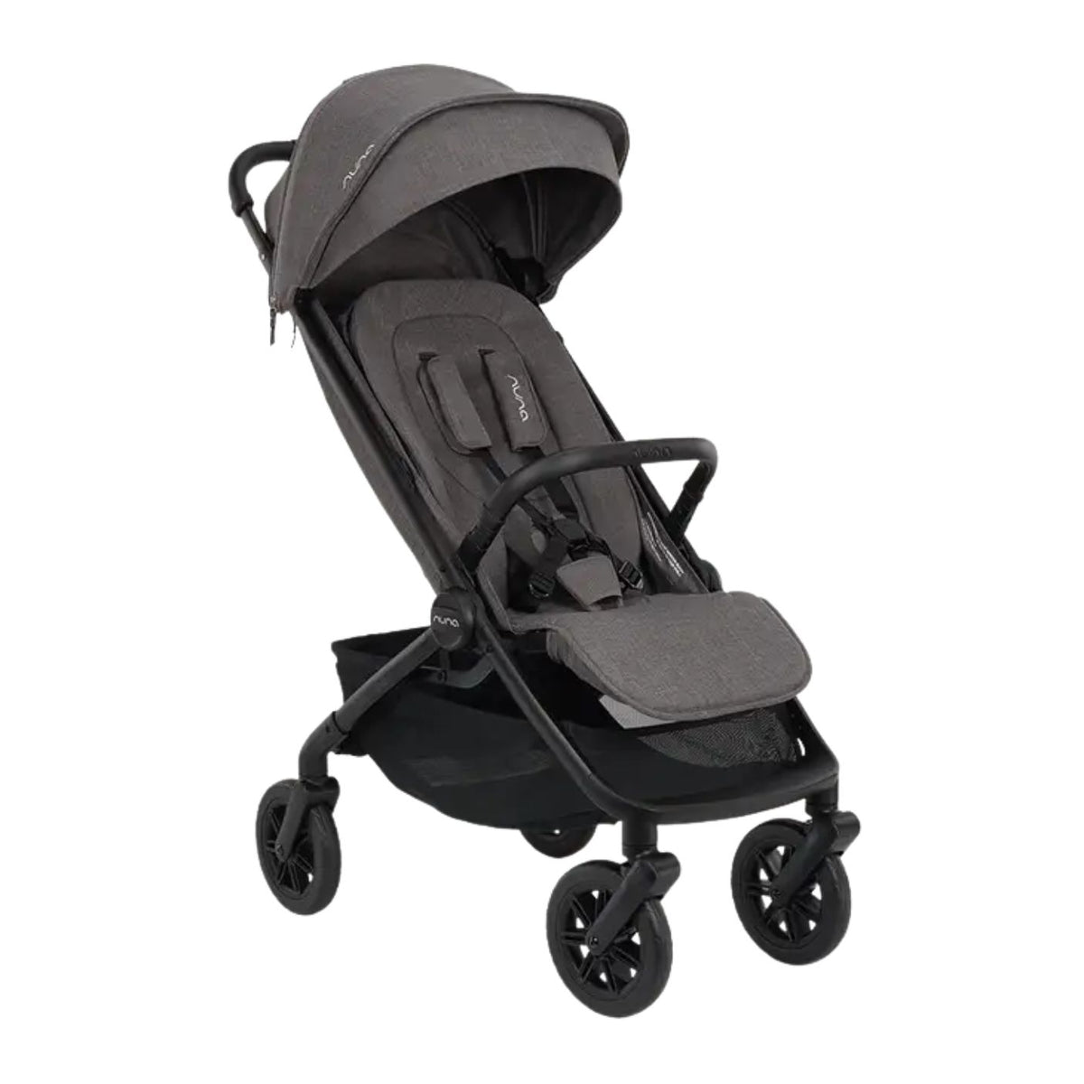 Nuna TRVL 360 lightweight travel stroller in Pewter grey, shown in a three-quarters front view against a clean white background. The stroller features an extended sun canopy, a brown leatherette-accented pushbar and rotating armbar, a harness with a magnetic buckle, 360-degree swivel wheels, and an under-seat storage basket.
