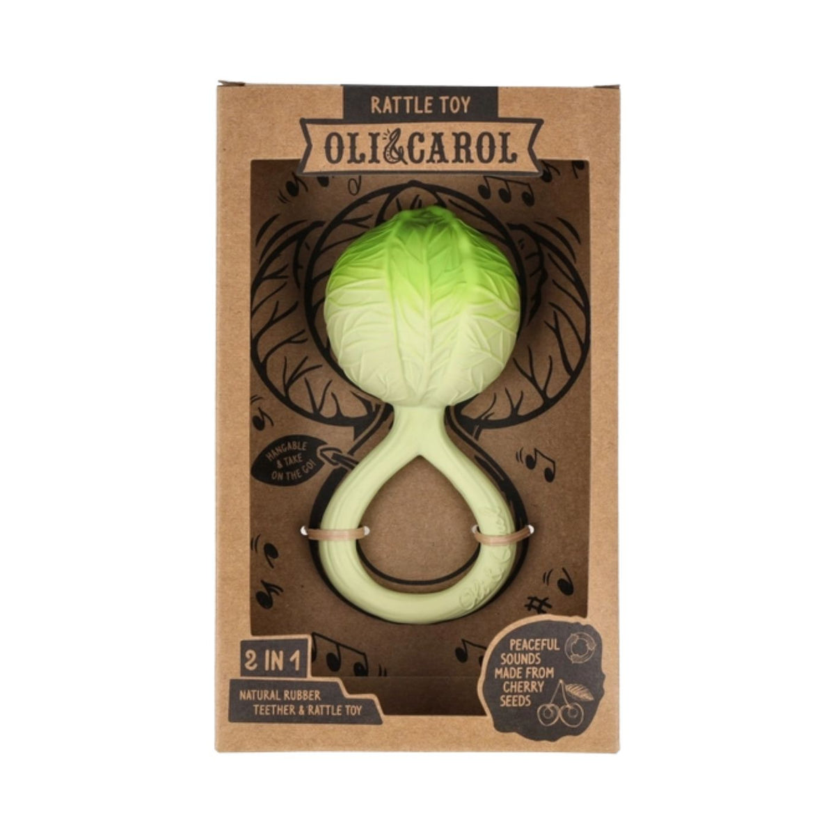 An Oli & Carol green cabbage rattle and teether toy packaged inside a cardboard box.