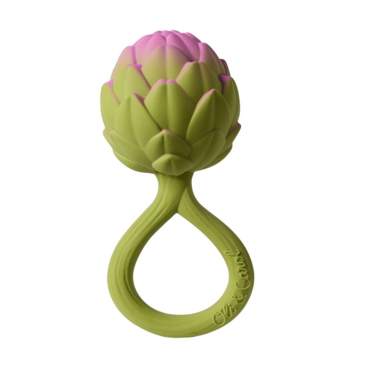 Oli & Carol Artichoke Rattle Toy featuring a textured, bulbous pink-and-green artichoke top attached to a smooth, easy-to-grasp green ring handle, shown upright against a clean white background.