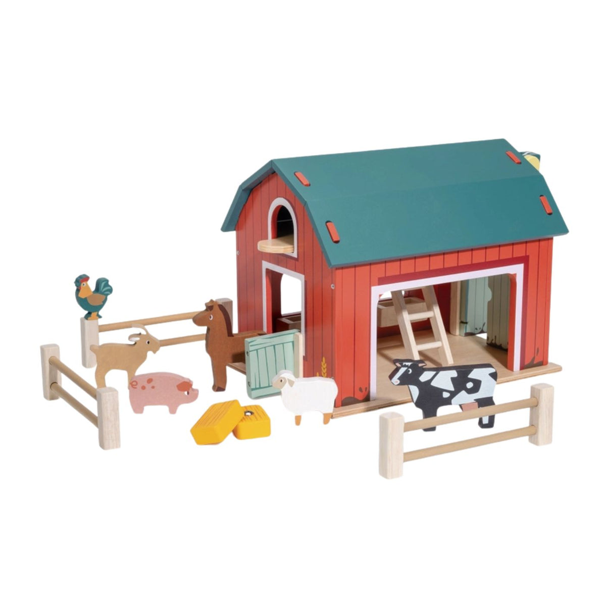 Wooden Big Red Barn Playset by Mentari set against a clean white background, featuring a two-story red barn with a dark green roof, opening double doors, a stable door, a window, and a working pulley system. Surrounding the barn are wooden fence pieces and seven small wooden farm animal figures—including a cow, horse, pig, sheep, goat, chicken, and rooster—alongside two yellow magnetic hay bales.