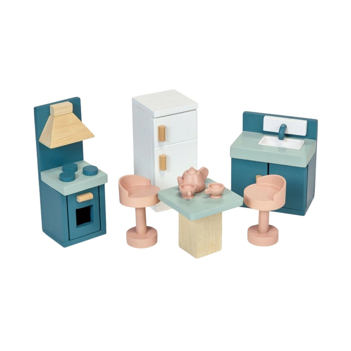 Wooden kitchen furniture set by Mentari against a white background, featuring a blue stove with an oven and hood, a white refrigerator with wooden handles, a blue sink unit with a cupboard, a light wood-colored square table with a teapot and two cups, and two matching pinkish-tan stools.
