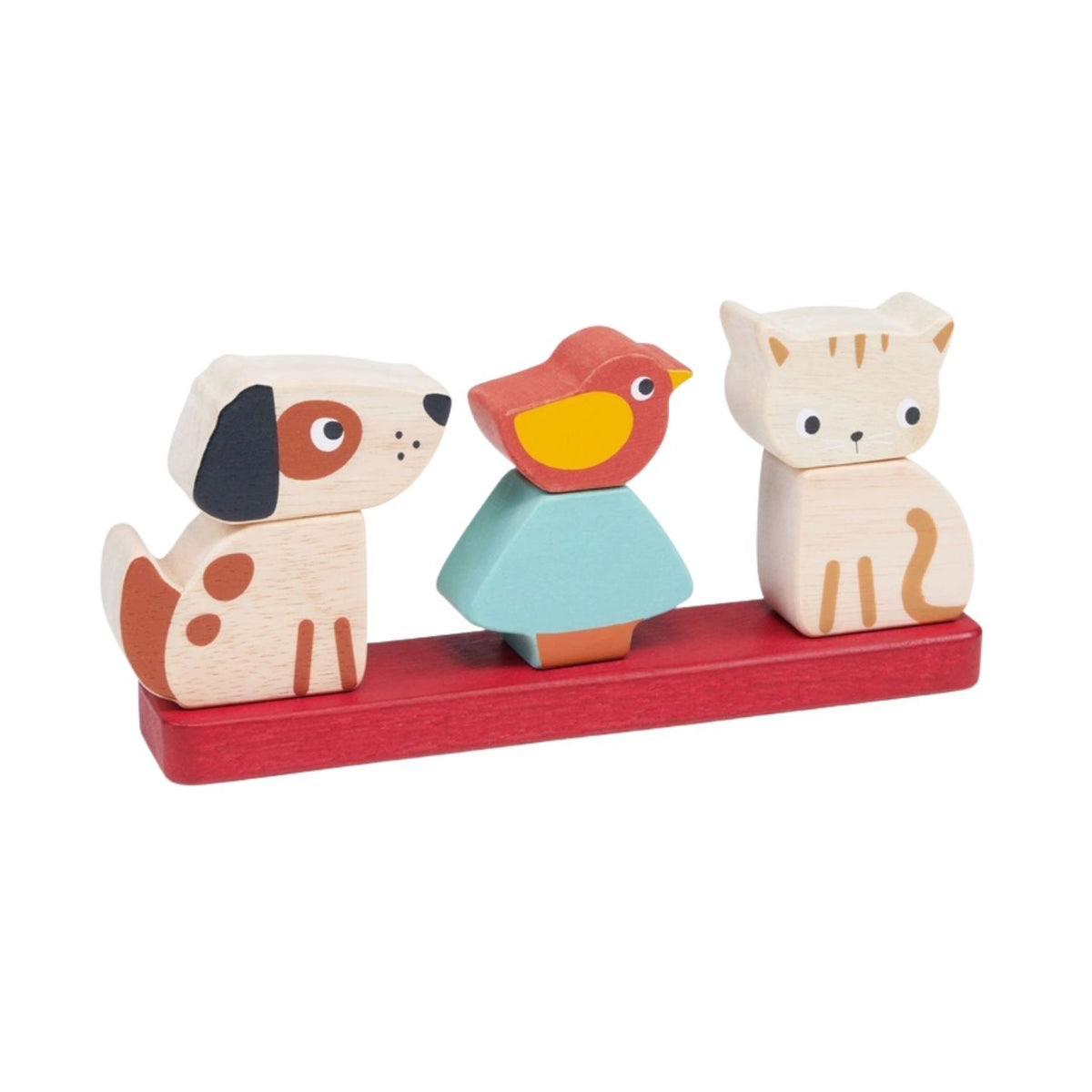 Wooden Pet Stacker toy by Mentari featuring a rectangular red base holding three removable pieces: a spotted white and brown puppy on the left, a blue and yellow bird on a tree in the center, and a white kitten with orange markings on the right, set against a plain white background.