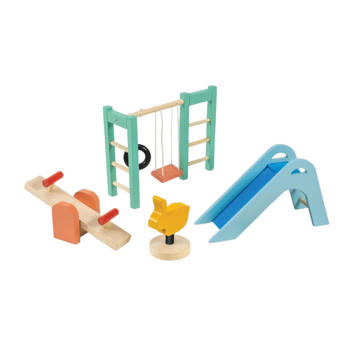 A wooden dollhouse playground set featuring a natural wood see-saw with orange seats, a green-framed swing set with a brown swing seat and hanging tire, a green climbing frame, a blue slide, and a yellow spring-mounted bunny ride-on toy, all arranged against a clean white background.