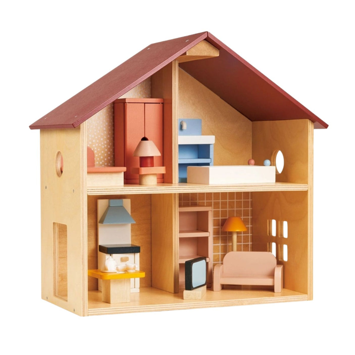 An open-faced wooden dollhouse by Mentari with a red roof, natural wood frame, and detailed interior rooms containing miniature wooden furniture, including a couch, lamp, and kitchen unit.