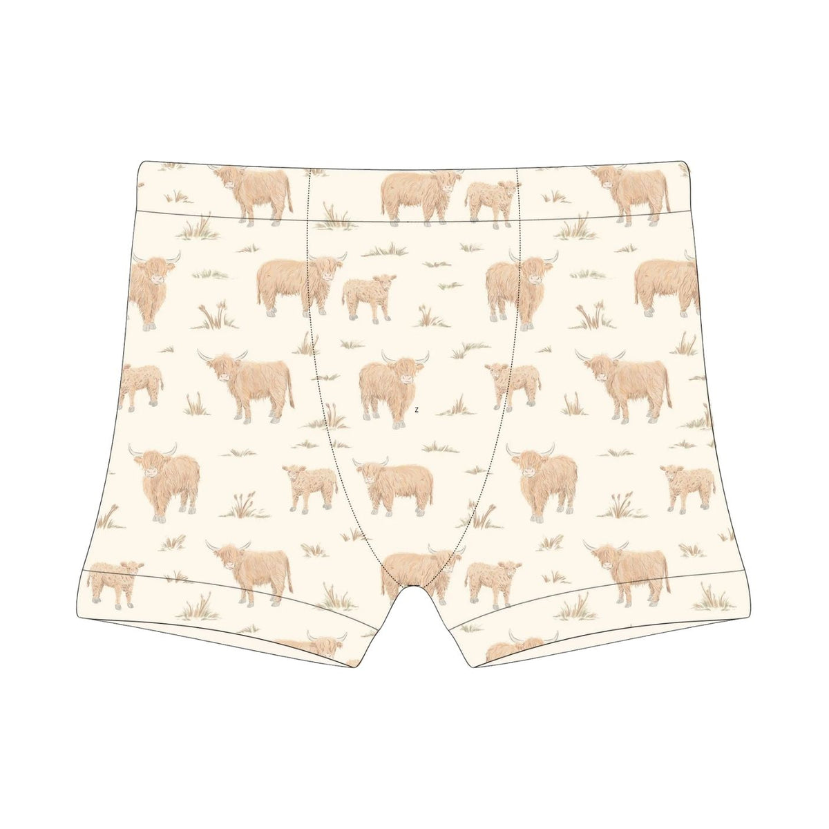 A pair of boxer briefs with an all-over print of Highland cows and small patches of grass on a cream background, shown as a clean product mockup on a white background.