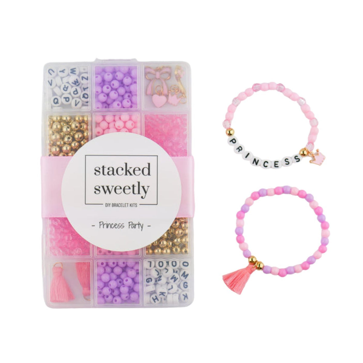 Princess Party DIY Bracelet Kit featuring a compartment storage box filled with colorful beads, alphabet letter beads, and charms next to two completed pink, purple, and gold beaded bracelets, including one spelling "PRINCESS" with a small crown and tassel charm.