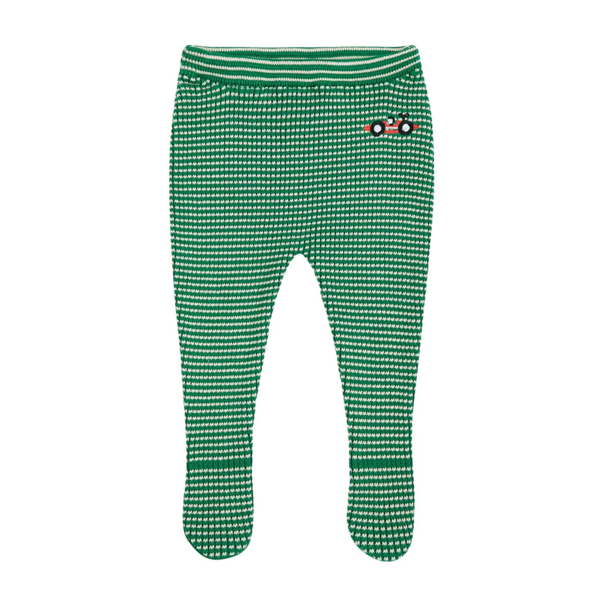 Green and white patterned baby leggings with a small red and black car design on a white background