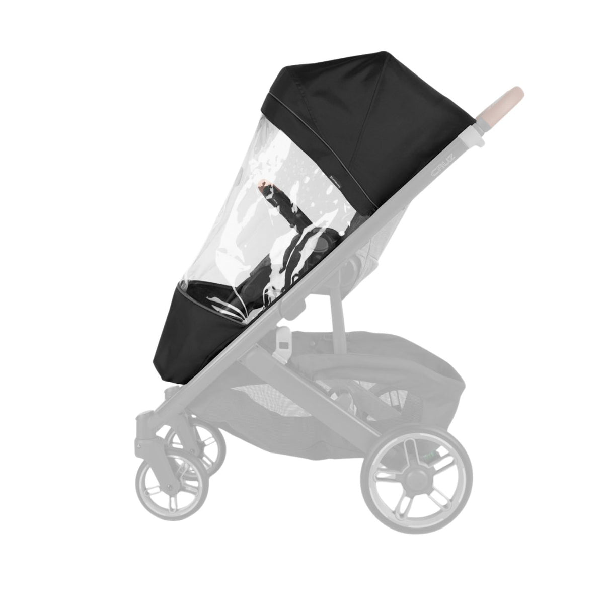 A black stroller rain cover with a clear front window, shown fitted over a stroller on a clean white background.