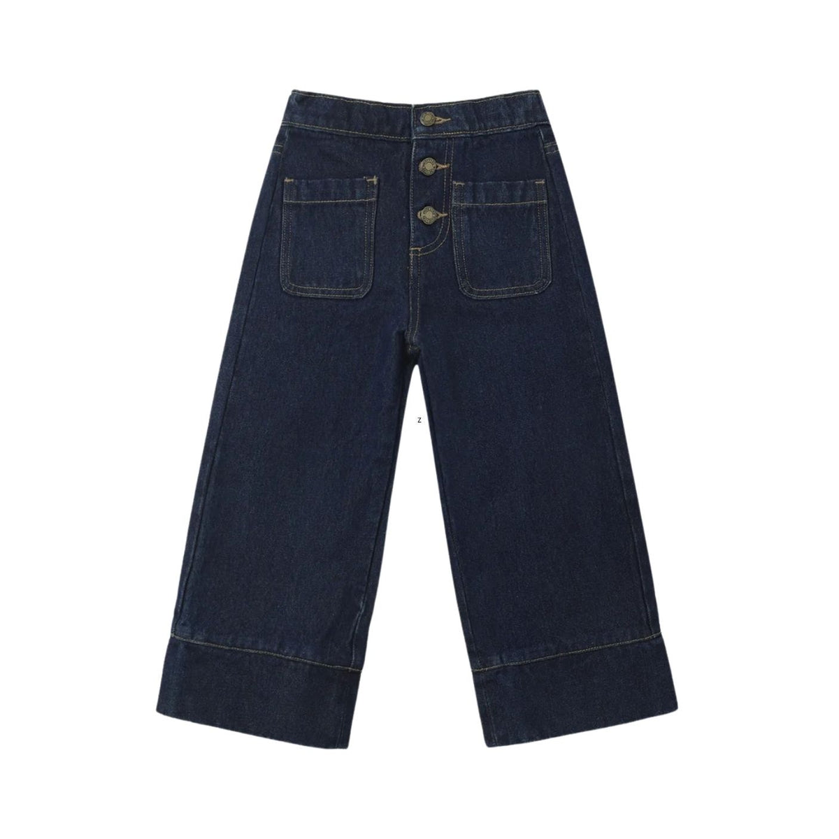 Dark indigo denim cropped pants with a button fly and two back patch pockets, shown flat on a white background.
