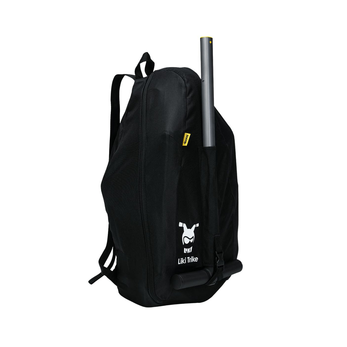 Black backpack with a paddle on a white background