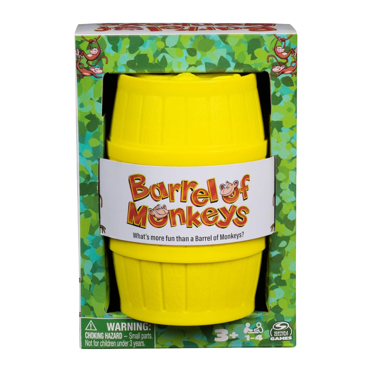 A product photo of the Barrel of Monkeys Game by Continuum Games featuring a bright yellow plastic storage barrel with the colorful classic game logo on a white and green jungle-themed cardboard packaging box.
