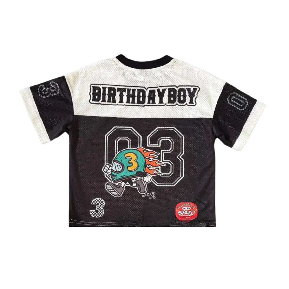 A short-sleeve mesh sports jersey shown flat against a white background, featuring a black and white color-blocked design with 'BIRTHDAYBOY' across the upper back, a large '03' on the front, and a cartoon football helmet graphic.