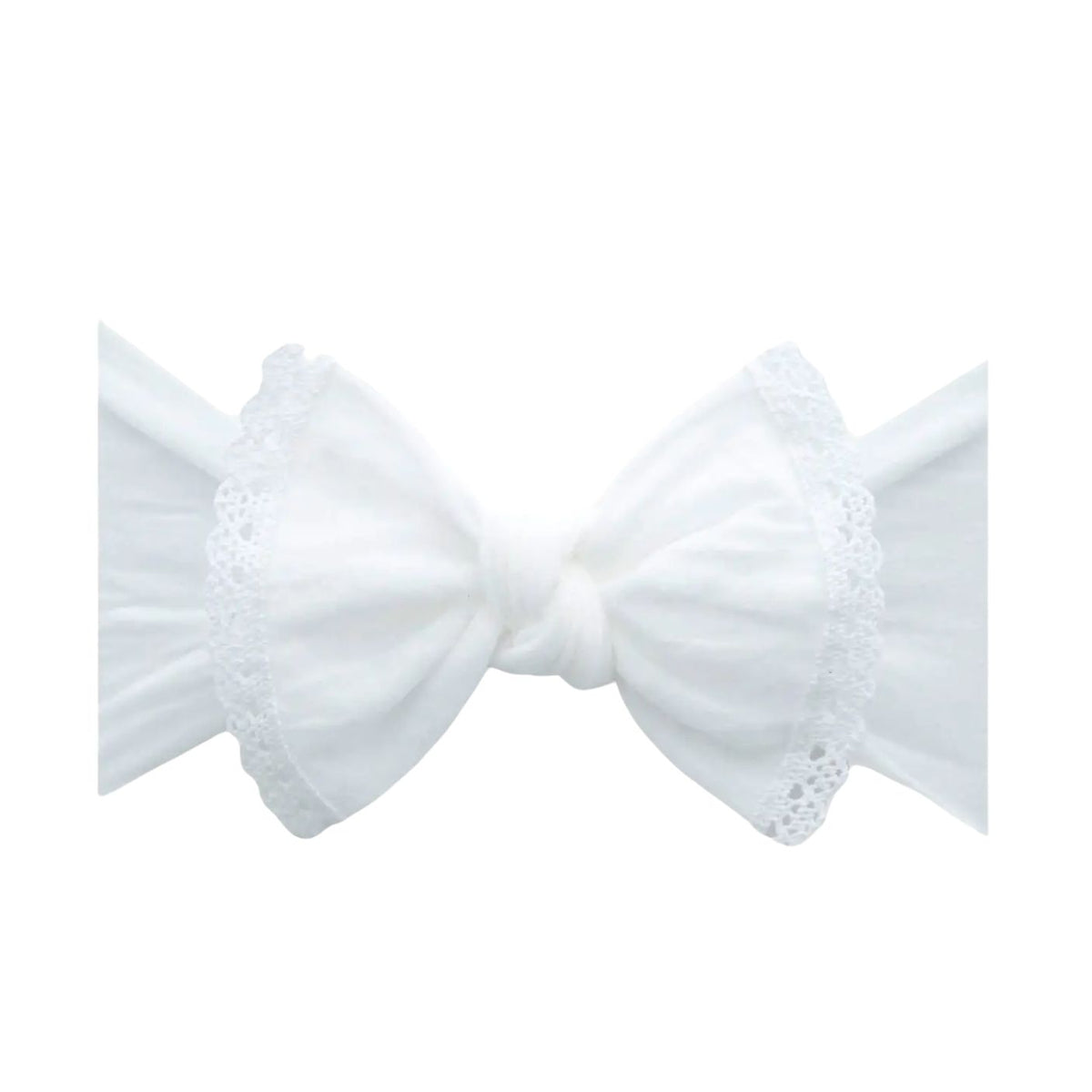 A white fabric bow with delicate lace trim on a plain white background.