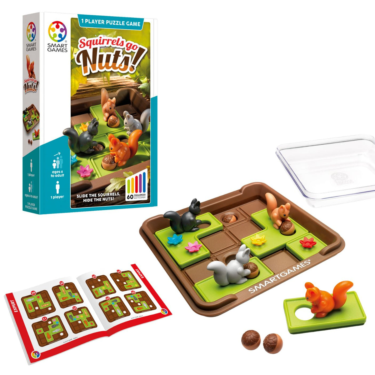 Smart Games 'Squirrels go Nuts!' puzzle game set with packaging and components on a white background