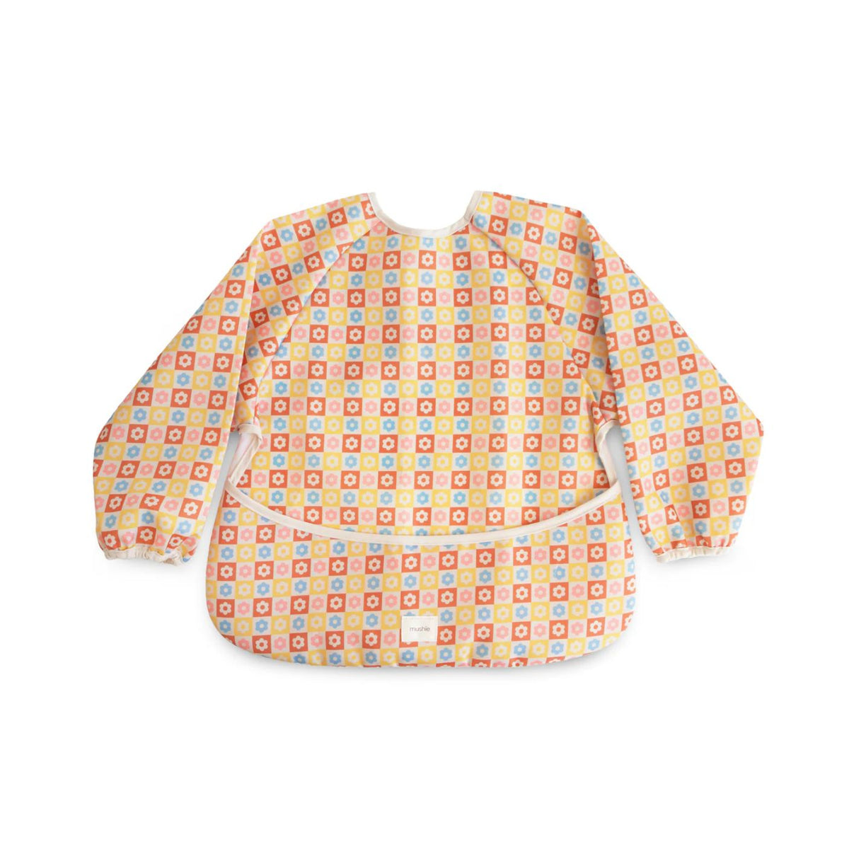 Yellow bib with colorful square pattern on a white background