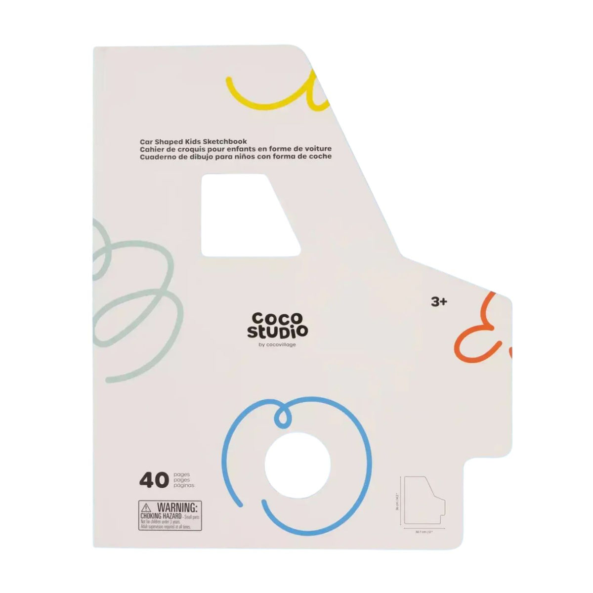 A single flat card or booklet cover shown on a plain white background. It has a pale pink base with abstract line drawings in yellow, mint, orange, and blue, plus visible text including 'Coco Studio by Conveyance' and '40 pages.