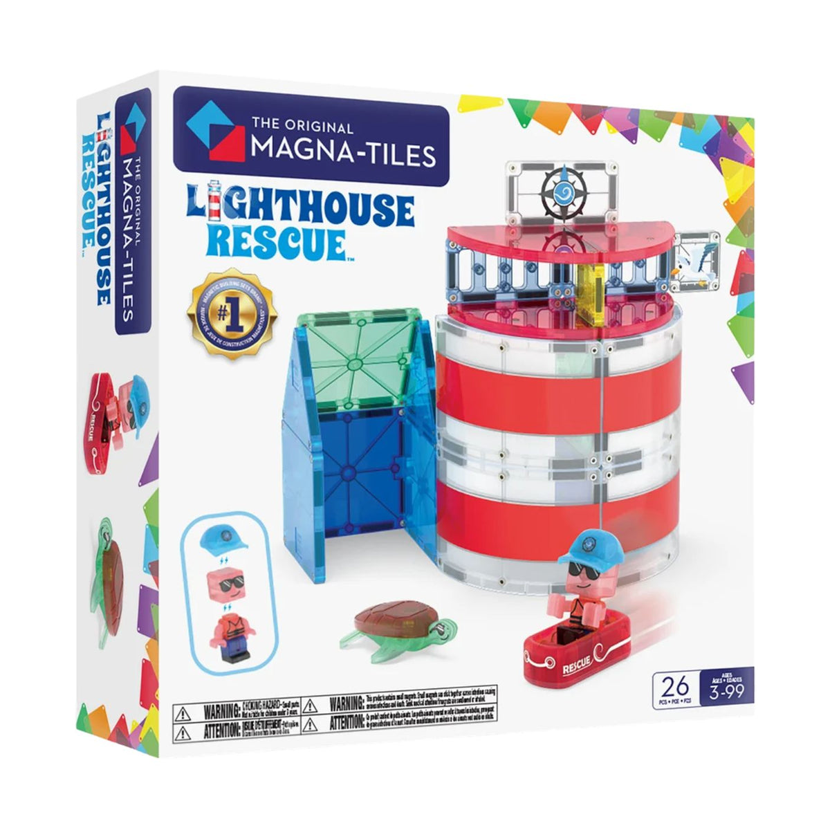 Product packaging for the Magna-Tiles Lighthouse Rescue 26-Piece Set, showing the built lighthouse structure, a rescue raft with a character figurine, a sea turtle figure, and colorful magnetic tiles against a white background.
