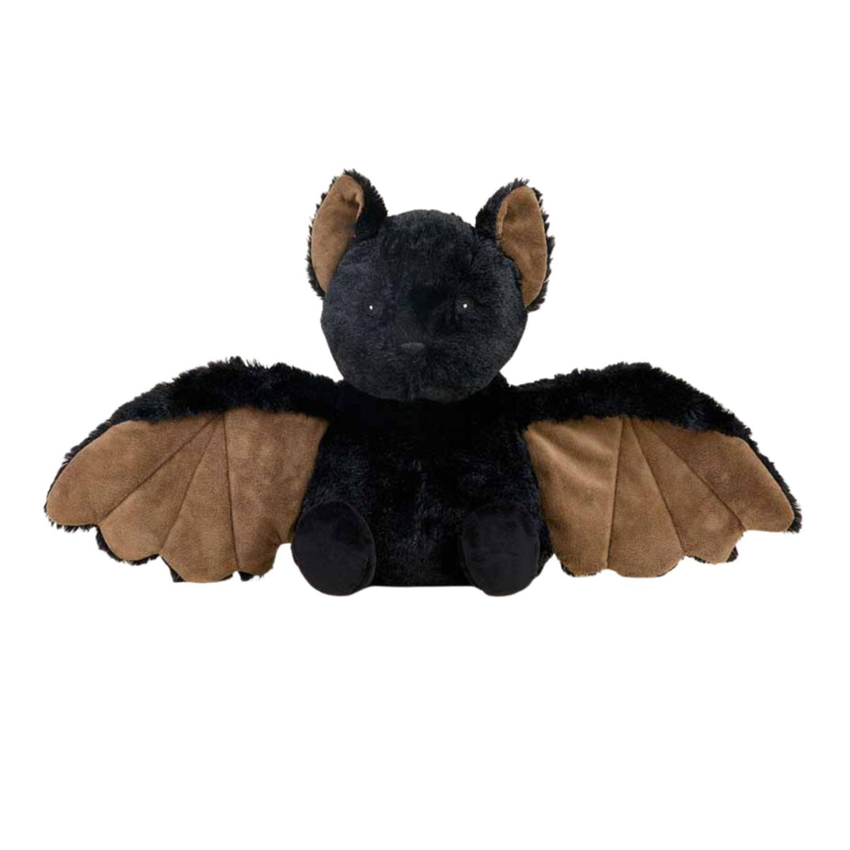 Plush toy bat with black body and brown wings on a white background