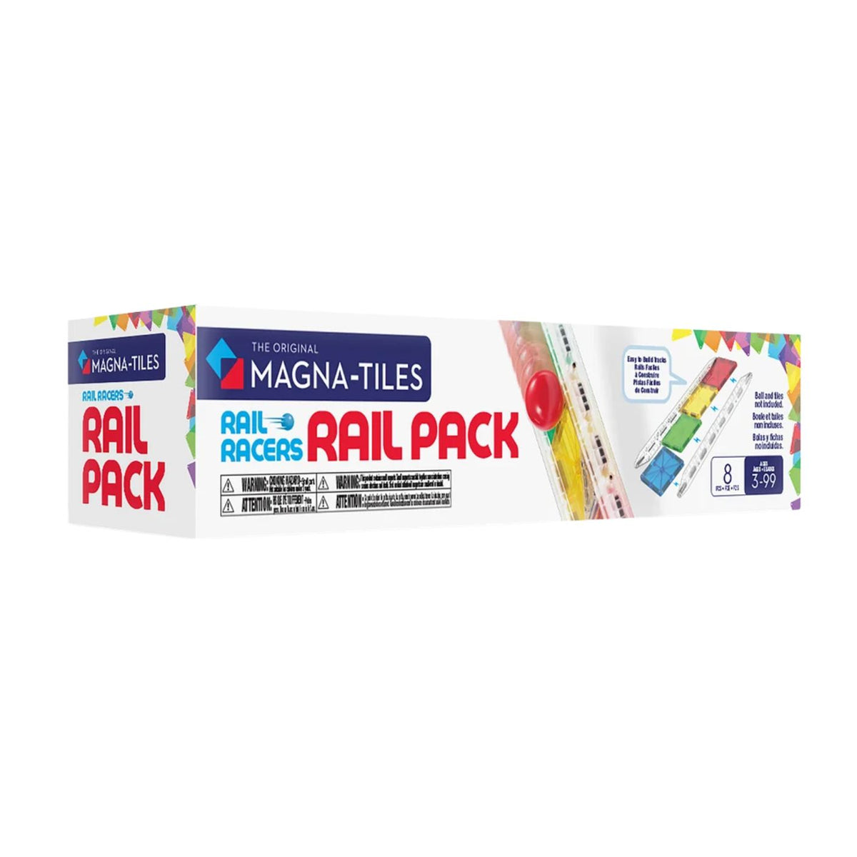 The product box for the Rail Racers Rail Pack by Magna-Tiles sits against a clean white background, showcasing the colorful packaging with branding and a preview of the 8-piece rail set inside.