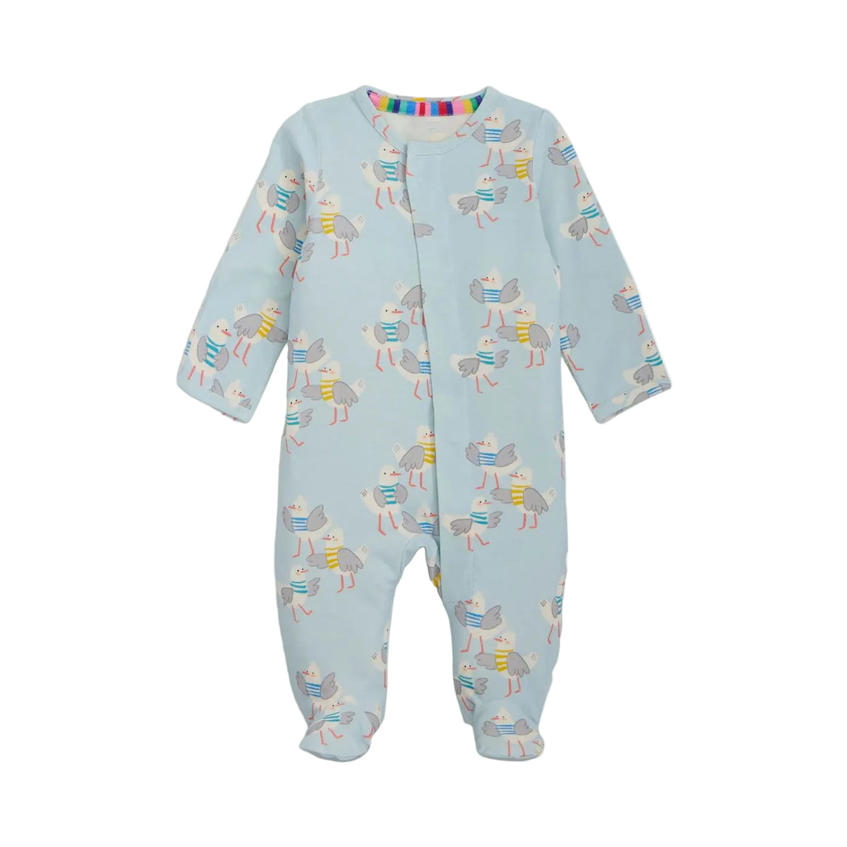 A baby footed sleeper in light blue with an all-over print of cartoon birds wearing colorful striped scarves, shown on a plain white background.