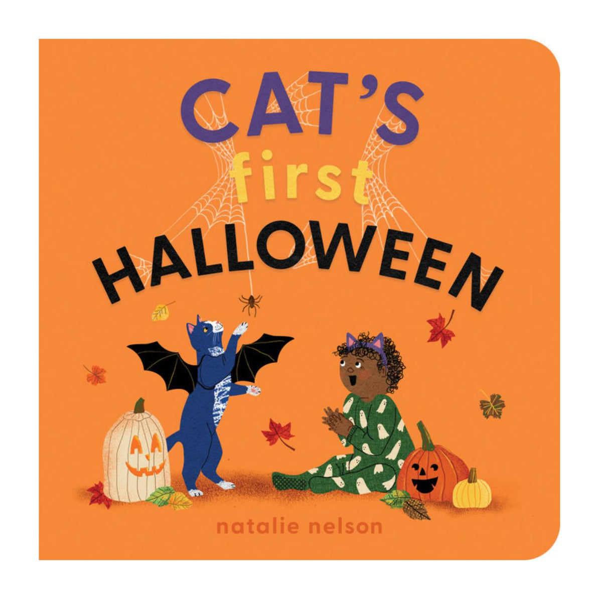 Book cover of 'Cat's First Halloween' with a cat and child in costumes on an orange background.
