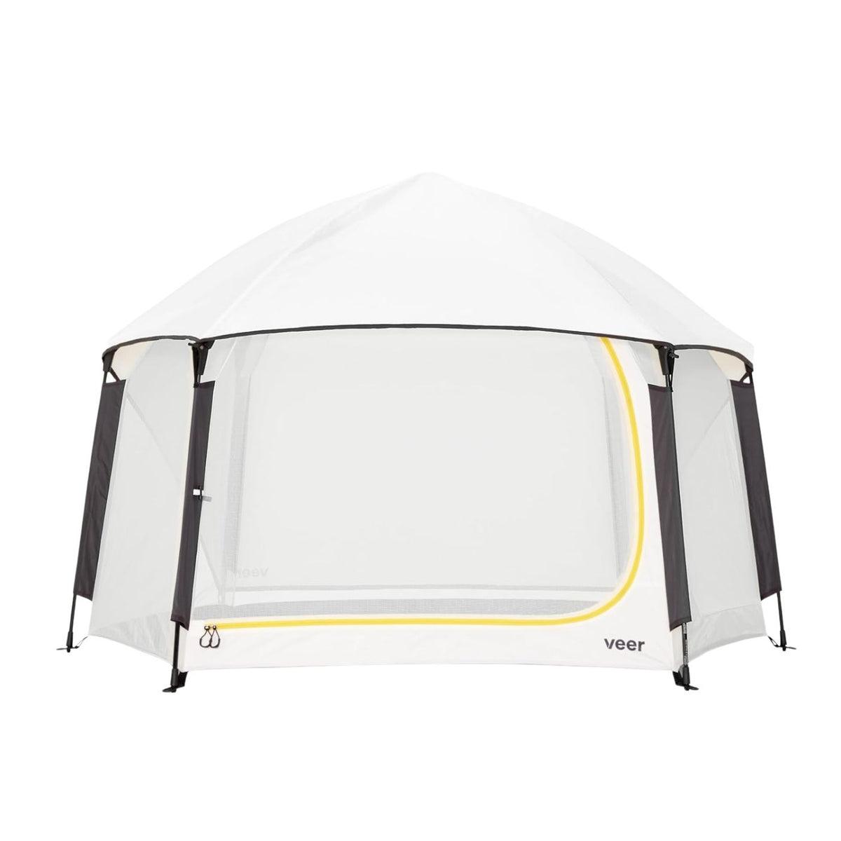 Portable playpen with mesh sides and black frame on a white background, featuring the brand 'veer'.